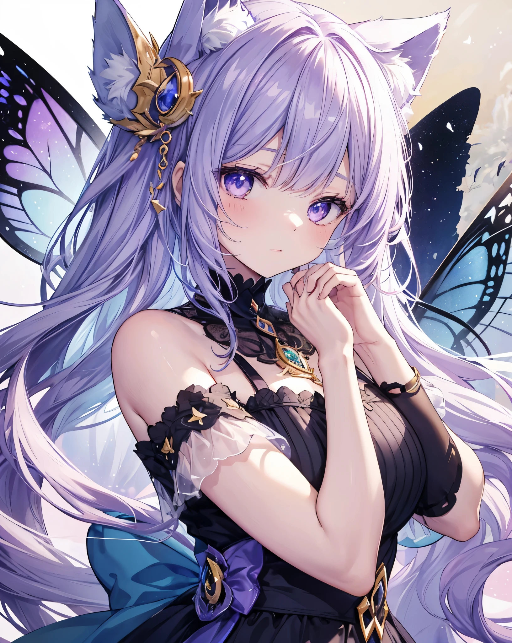 Anime-style of seraphina, the Dream Keeper. She is a cat girl with neko ears, with ethereal blue hair with golden highlights, reminiscent of twilight. Her eyes are closed. She wears a light, flowing lavender dress with golden star-like details. Her cat ears are purple with golden tips, and she has a crescent moon pendant around her neck. Seraphina is surrounded by rainbow glowing butterflies that follow her wherever she goes. The background is a dreamy, surreal
Scenery landscape with a Giant white moon, with soft, pastel colors, evoking a sense of tranquility and magic. Bare shoulders. Cute face, she is sleeping. The moon is really big and detailed, with a small cloud covering only a little spot. Face photo shot, zoomed almost like a macro. Masterpiece. Cat ears.