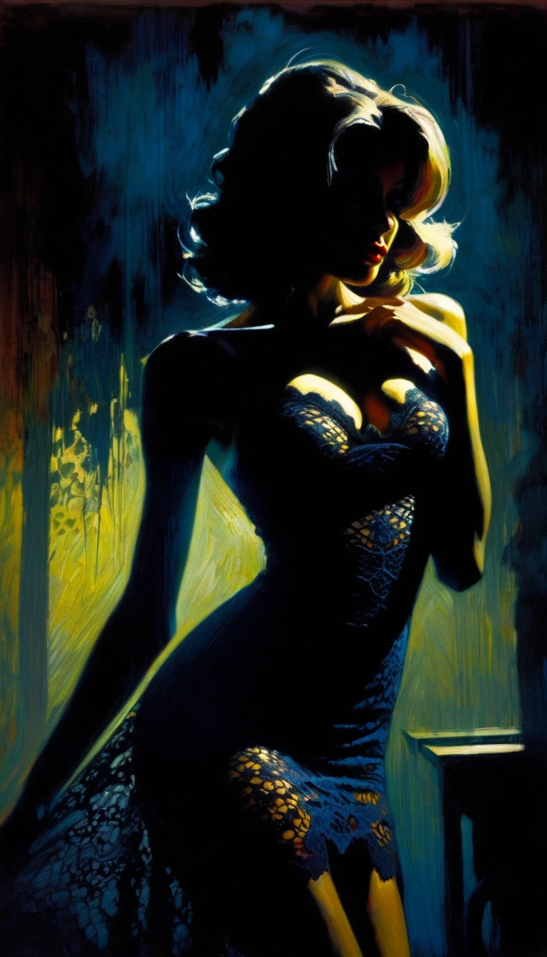 sexy girl loves the monster, sexy lace dress, eroticism, sexy, between shadows, oil painting, chiaroscuro, sensual and dramatic lighting, changing atmosphere, powerful composition, emotional impact, art inspired by Bill Sienkiewicz and Dave Mckean.
