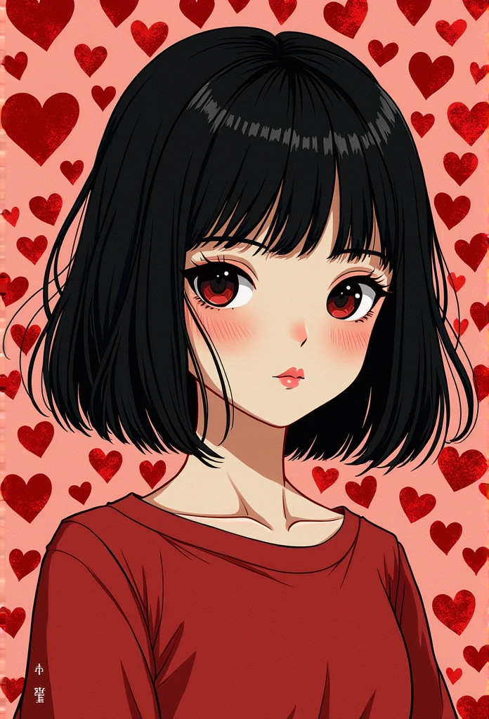 Beautiful girl with black hair bob cut::style Pointillism style、It is made up of hearts of various sizes、Clear heart with red color、Highly detailed ::n_style Illustration、Photorealsitic、glitched、highcontrast ::seed 1234