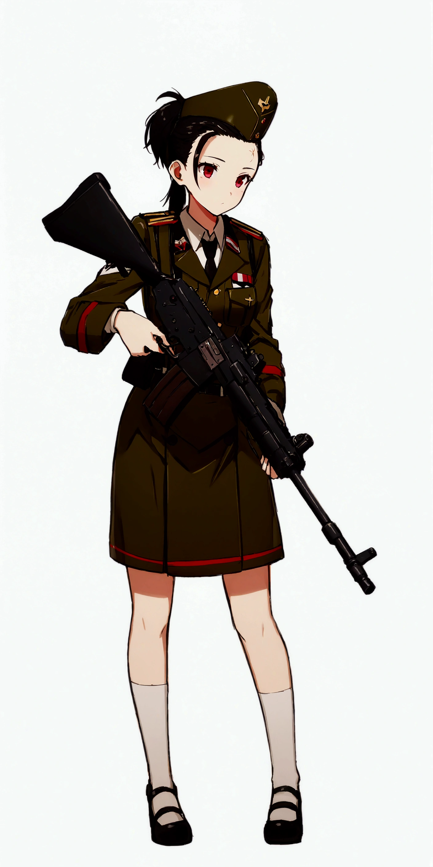 a cartoon picture of a woman in a uniform holding a rifle, (ponytail forehead hair pulled back:1.3), (black hair:1.3), anime maid nazi ss military, infantry girl, mechanized soldier girl, soldier girl, soviet military, with rifle, military girl, dieselpunk soldier girl, makoto, holding a mp7, m4 sopmod ii girls frontline, full body illustration, yayoi kasuma, infantry girls, from girls frontline, fine details. girls frontline universe, girls frontline style, girls frontline cg, kantai collection style, by Akihiko Yoshida, yayoi kasuma, female protagonist 👀 :8,
