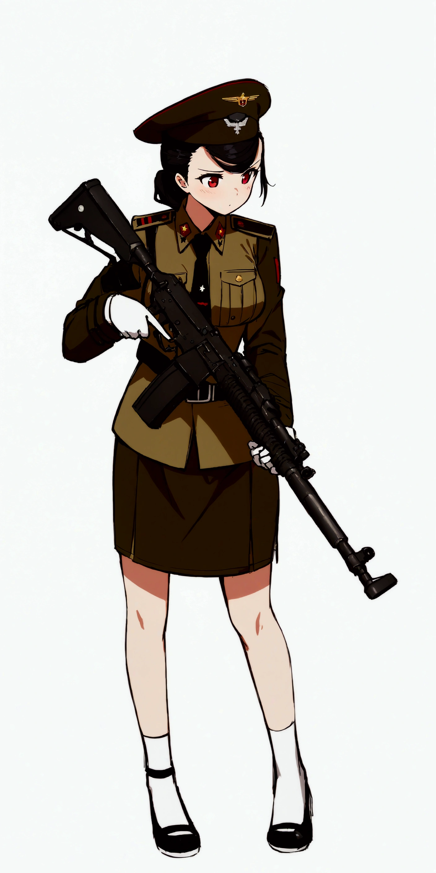 a cartoon picture of a woman in a uniform holding a rifle, (ponytail forehead hair pulled back:1.3), (black hair:1.3), anime maid nazi ss military, infantry girl, mechanized soldier girl, soldier girl, soviet military, with rifle, military girl, dieselpunk soldier girl, makoto, holding a mp7, m4 sopmod ii girls frontline, full body illustration, yayoi kasuma, infantry girls, from girls frontline, fine details. girls frontline universe, girls frontline style, girls frontline cg, kantai collection style, by Akihiko Yoshida, yayoi kasuma, female protagonist 👀 :8,