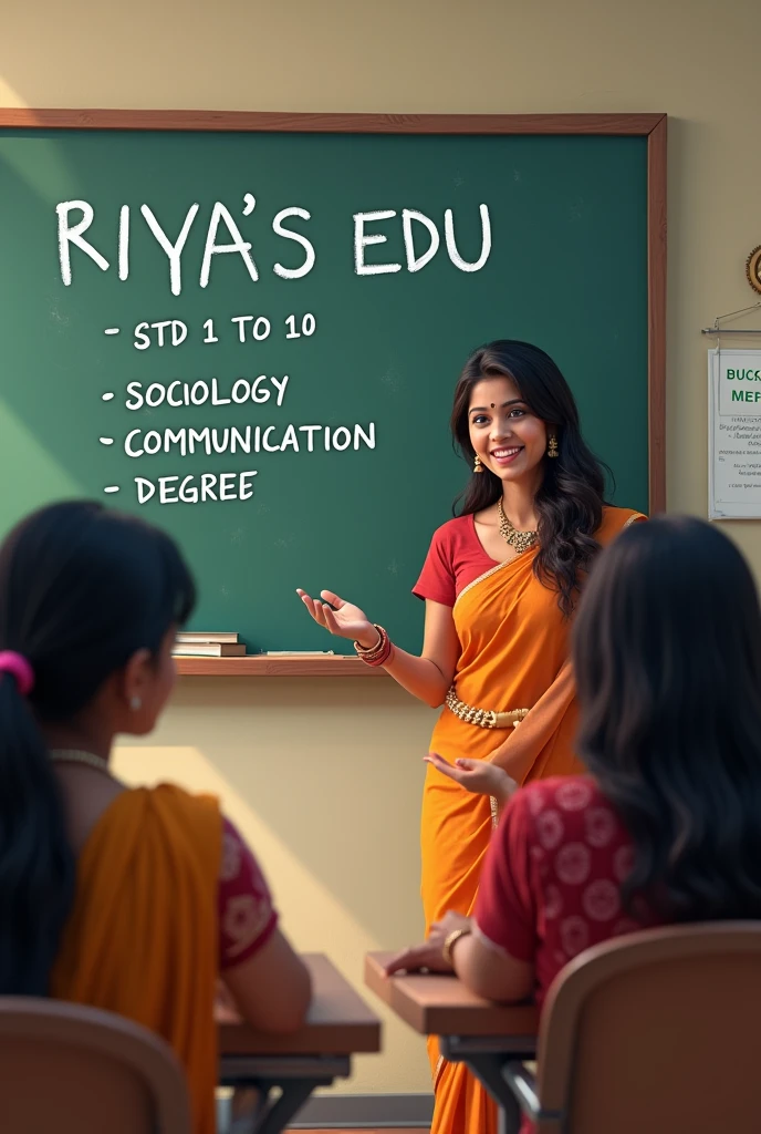 A teacher teaching with black board with long hair saree Tution center with students on that board it must contain main heading Riya’s edu in capital letter other line it must write std 1 to 10
* sub sociology
*sub Communication
For degree students