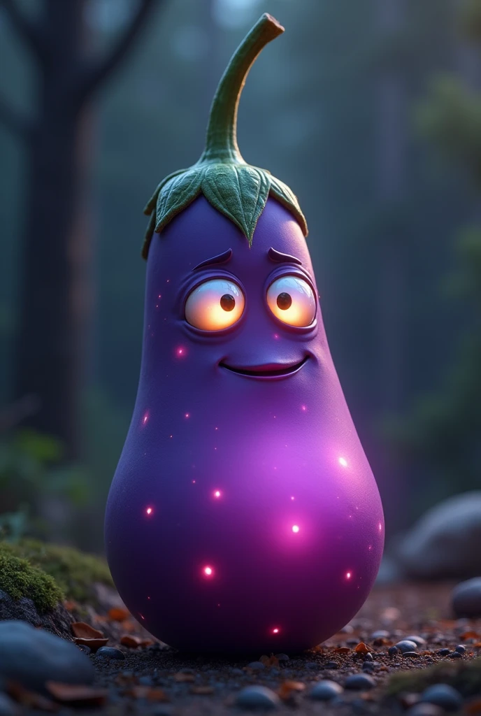 A glowing eggplant with eyes and a mouth