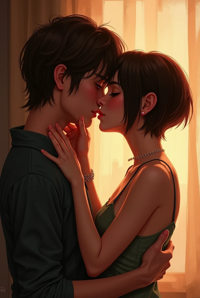 a girl with really short, dark brown hair. which is not longer than the beginning of her neck. she has a rebellious vibe. she’s kissing with a sweet boy, who has brown and very long straight hair. they are in love. she’s touching him. make it look very intimate and like a realistic drawing. they are adults.