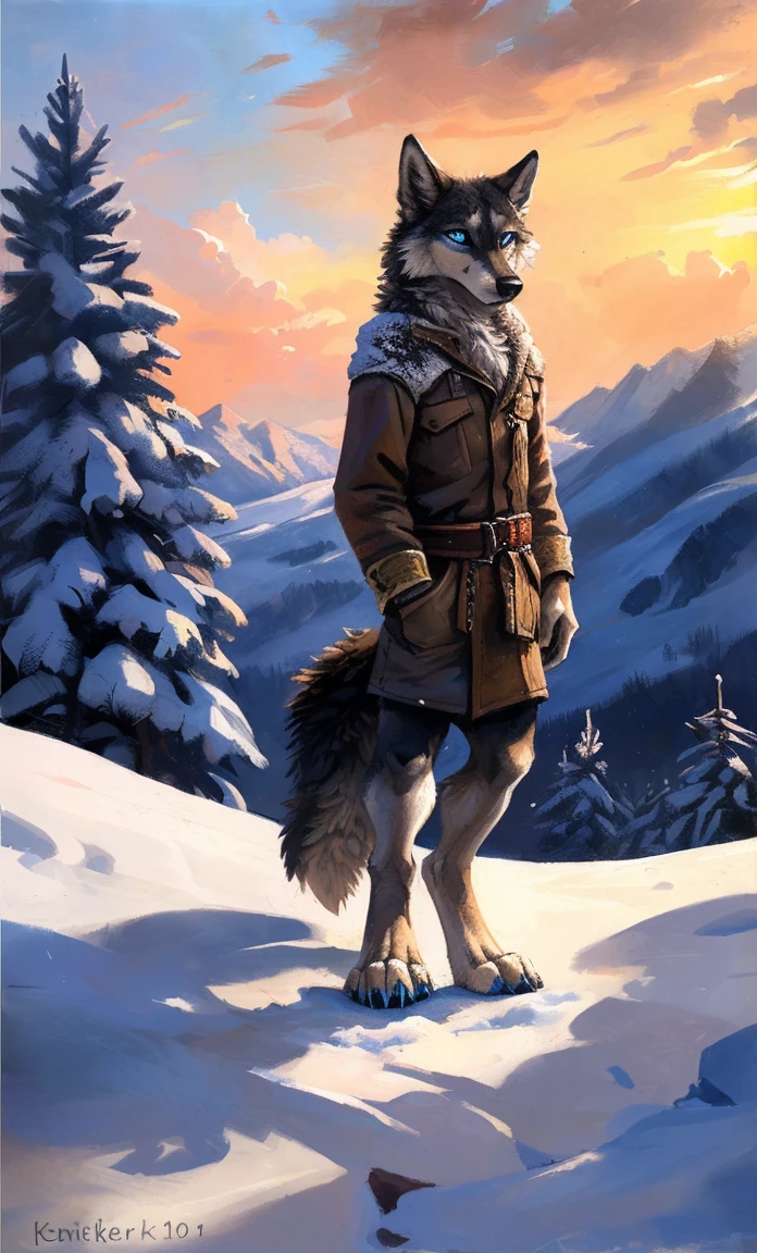 ((Solo)), male people, anthro wolf, (Multi-colored fur, White-brown:1.3,White tail pointed), (Height 2.1m,Tail length 1.2m), ((Wolf face, Big eyes, White eyelids, Blue pupil, Slim:1.2) (Tough, Calm expression:1.2)), Slim, pinging)), (Correct anatomy), (Winter clothing:1.1), The upper body naked, (detailed outfits),A long big tail,Feet,(Realistic fur, Detailed fur texture, labeled:1.3)), (Natural lighting), Photorealistic, Hyperrealistic, ultradetailed, by Kenket,Snowfield,erect through,Running on