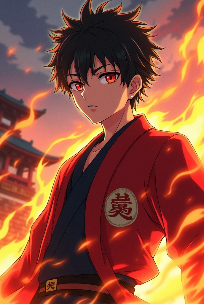 Generate an image of a character based on the anime kimetsu no yaiba and that has its style, let it be a man, that he is a hunter, a young character,that has the lion's breath and a little fire and that has a haori.