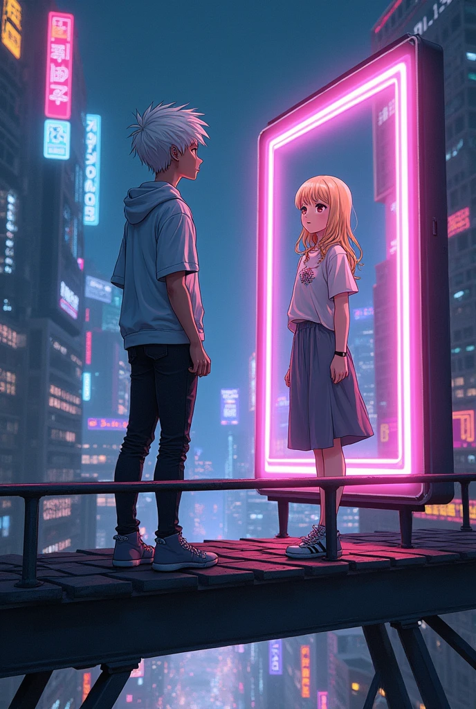 Create a book cover with anime style, a futuristic night city and a white haired male teenager standing on a metal bridge looking at a blonde teenager girl inside a 3d bright sign looking at him. Just as the bladerunner movie