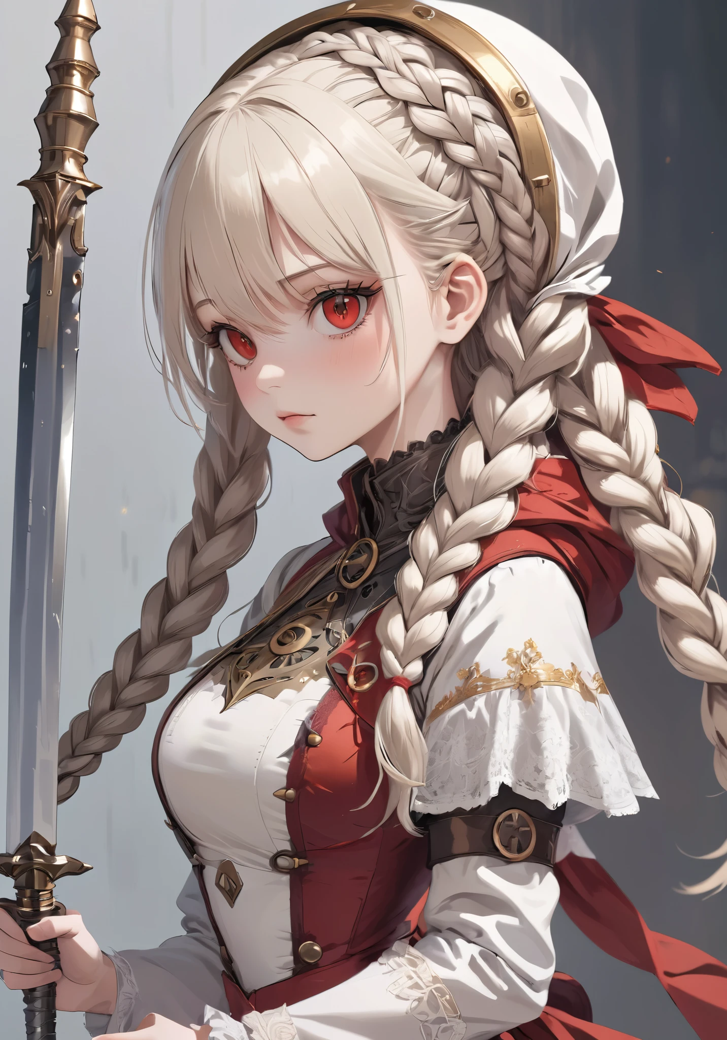 (((masterpiece, of the highest quality, super detailed))), 1girl, (big forhead:1.2),extremely detailed cute anime face, (((flat chest))), (flat chest:1.1),((((long twin braids,tight braids,long braid,braided hair,long hair)))), long hair, red hair, white hair, blonde hair, dark hair, ponytail, thick ponytail, heavy ponytail, (a female knight of an occult order), (an occult saint), (combat pose), (ready for combat), (resolved expression), (resolute expression), (((a beautifully intricate ornate sword floating next to her))), Edwardian/Victorian era inspired, ((minimal but intricate beautiful armour)), ((Fluttering lace flared dress with frilly petticoats)), ((((Highly detailed face))), (((Very sharp focused eyes))), very long eyelashes, ((small )), (((flat chest:1.1))), occult aesthetic, (red and white clothing detailed and intricate steampunk and detailed gothic), (with a hood), complex lace boots, (full body),