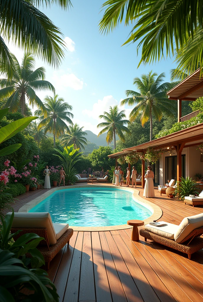 Tropical garden party swimming pool
Wooden floor , wood and rattan patio