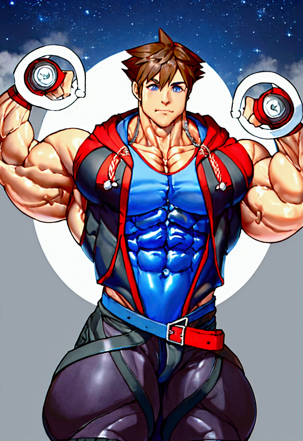 (masterpiece, Highest quality:1.2), Cowboy Shot, alone, Men's Center, One boy, sky \(Kingdom hearts\),Muscular body, Hall々A muscular body, Hall々A clean-cut appearance, Muscular arms, Muscular legs, only a main part, Trapezoidal fuselage, Rugged body, Muscular body, Round and fleshy pectoral muscles, Defined Abs, Defined Weapons, defined legs, Flex your muscles and laugh, View your viewers, Arms crossed, Hooded jacket, Huge penis