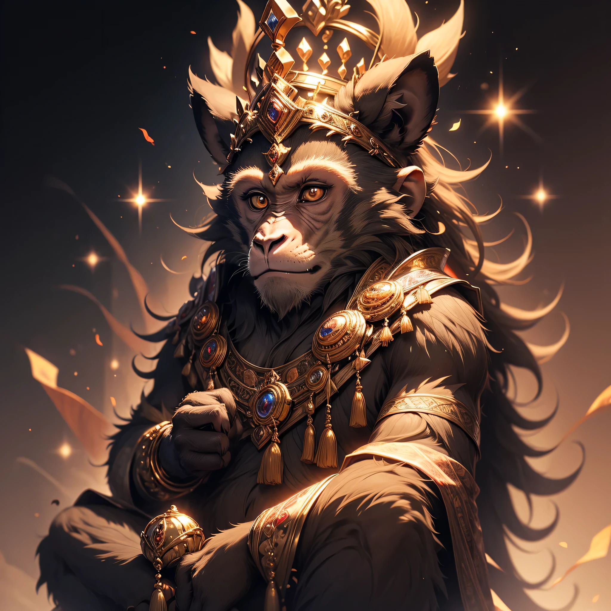 Imagine a serene monkey with rich brown fur, reflecting a warm, earthy tone. This monkey has a calm and peaceful expression, embodying a sense of tranquility and wisdom. Its eyes are gentle and thoughtful. Atop its head sits a gold crown reminiscent of the one worn by the mythical Wukong, adding an aura of regal grace. The crown is intricately designed with elegant patterns and perhaps adorned with small, precious gems that catch the light. The monkey's posture is relaxed, exuding a sense of inner calm and enlightened composure. The overall scene is one of harmony, blending the majestic with the serene, high res, ultrasharp, 8K, masterpiece, looking at viewer