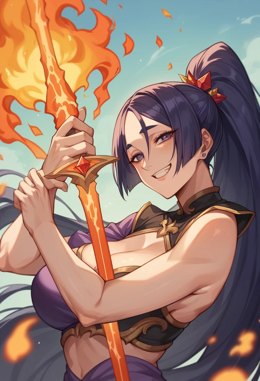 
masterpiece、Highest quality、One Mature Woman、Raikou、Smile like a mother、「Molten lava drips onto the obsidian blade、fiery mythical sword。Decorated with demonic runes、Every detail is carefully crafted。Complex Item and Equipment Array。」