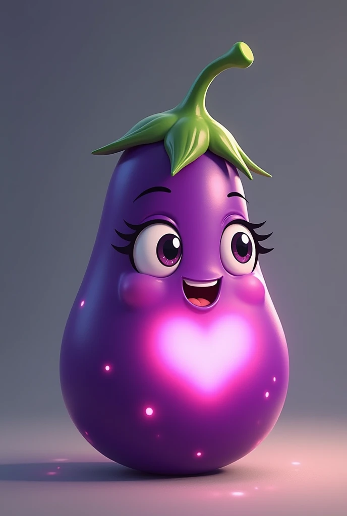 A glowing eggplant with cute eyes and a mouth
