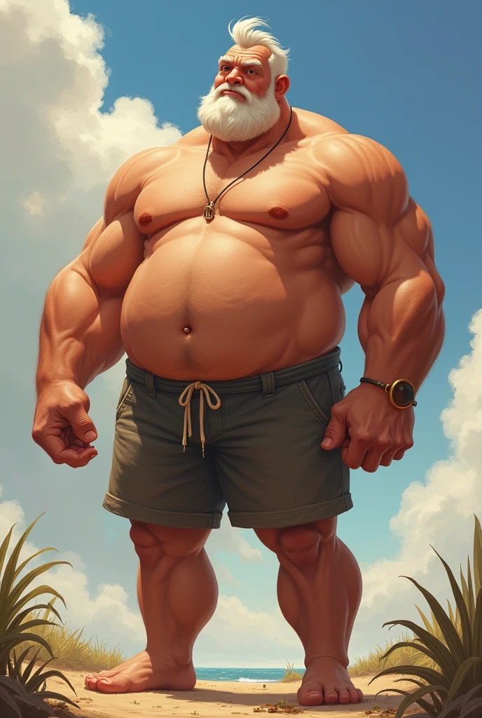 disney art style, huge muscular old man wearing shorts, shirtless, topless, massive muscle