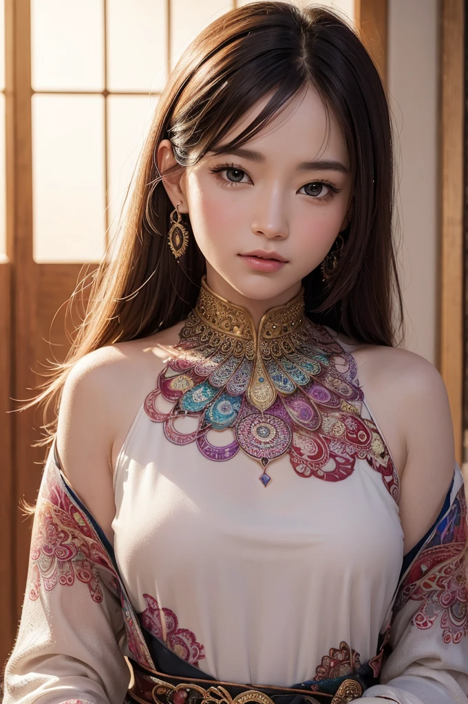 official art, Harmony wallpaper 8K, Very detailed, Beautiful and beautiful, masterpiece, best quality, (zendispute, mandala, dispute, endispute), (Fractal art:1.3) , 1 girl, Very detailed, Dynamic angle, Cowboy shooting, The most beautiful chaos, elegant, Designed by Brutalists, bright colors, Romantic, James Jane, he does devi antonio, Rostran, French Bacon, it'cold., Adrian Genius, Petra Corright, Gerhard Richter, Takato Yamamoto, Ashley Wood, atmosphere, The ecstasy of notes, visible note stream