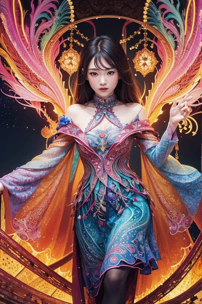 erjie, girl in a fluid and dynamic pose, wearing a loose, flowing pink dress, mysterious expression, curly black and pink hair, [Zhang Ziyi|Aishwarya Rai], in a modern and abstract setting, with bold and colorful abstract art, blurred background, bright lighting, official art, unity 8k wallpaper, (zentangle, mandala, tangle, entangle), intricate clothes,zhongfenghua (full body,from everywhere,masterpiece, top quality, best quality, official art, beautiful and aesthetic:1.2), extremely detailed,(fractal art:1.1),(colorful:1.1)(flowers:1.3),highest detailed,(zentangle:1.2), (dynamic pose), (abstract background:1.3), (shiny skin), (many colors:1.4), (feathers:1.5),  dynamic angle, the most beautiful form of chaos, elegant, a brutalist designed, vivid colours, romanticism,