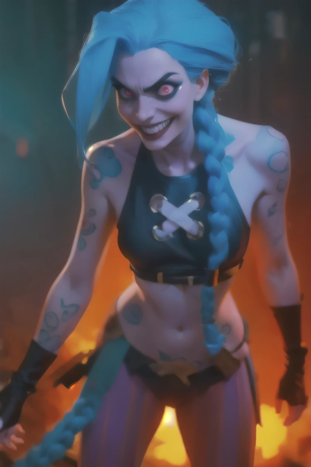 Hyper realistic super detailed Jinx cosplay , ((Young girl, 15 years old)), Very detailed, (hyper realistic: 1.4), in dynamic pose, (((psycho face, creppy smiling))), twin braids, long hair, blue hair, red eyes,((tattooed arm)), ((skinny Body)), ((angry face)), Wearing a Black top, ABS. ((Cinematic Explosion background,  cinematic lighting)).