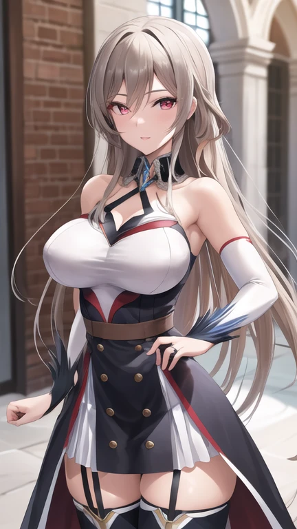 ultra-detailed,
master piece,best quality,high resolution,
beautiful eyes,detailed eyes,detailed face,
beautiful detailed eyes,symmetrical clear eyes,
1girl, Furen E Rustario, bridal gauntlets, black thighhighs, bare shoulders, belt, garter straps, white dress, elbow gloves,