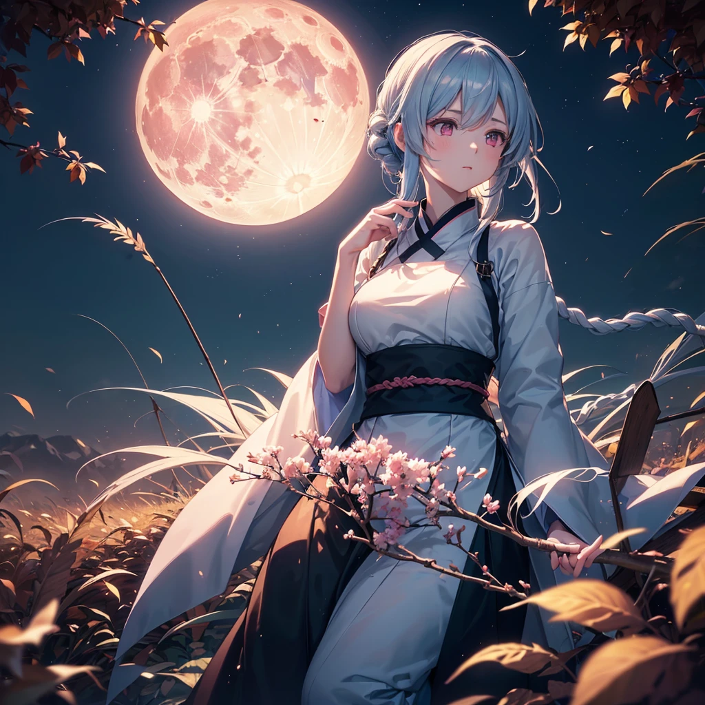 (shiratama dumplingsを食べる),(Sky blue braided medium length hair), (Pink eyes),(Fair skin)  ,(whole body),(One Girl),(harvest moon),(A large amount of Miscanthus sinensis in the background),autumn,(full moon),(masterpiece, Highest quality, Very detailed, Best Shadow), (Detailed Background), (Beautifully detailed face), High Contrast, (Best lighting, Very delicate and beautiful), ((Cinematic Light)), Hyper Detail,8k, Dramatic Light, Intricate details