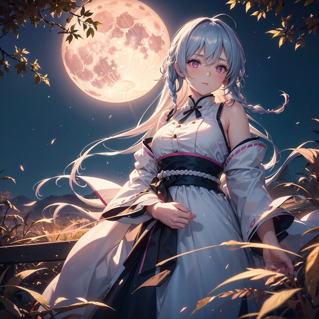 (shiratama dumplingsを食べる),(Sky blue braided medium length hair), (Pink eyes),(Fair skin) ,(whole body),(One Girl),(harvest moon),(A large amount of Miscanthus sinensis in the background),autumn,(full moon),(masterpiece, Highest quality, Very detailed, Best Shadow), (Detailed Background), (Beautifully detailed face), High Contrast, (Best lighting, Very delicate and beautiful), ((Cinematic Light)), Hyper Detail,8k, Dramatic Light, Intricate details