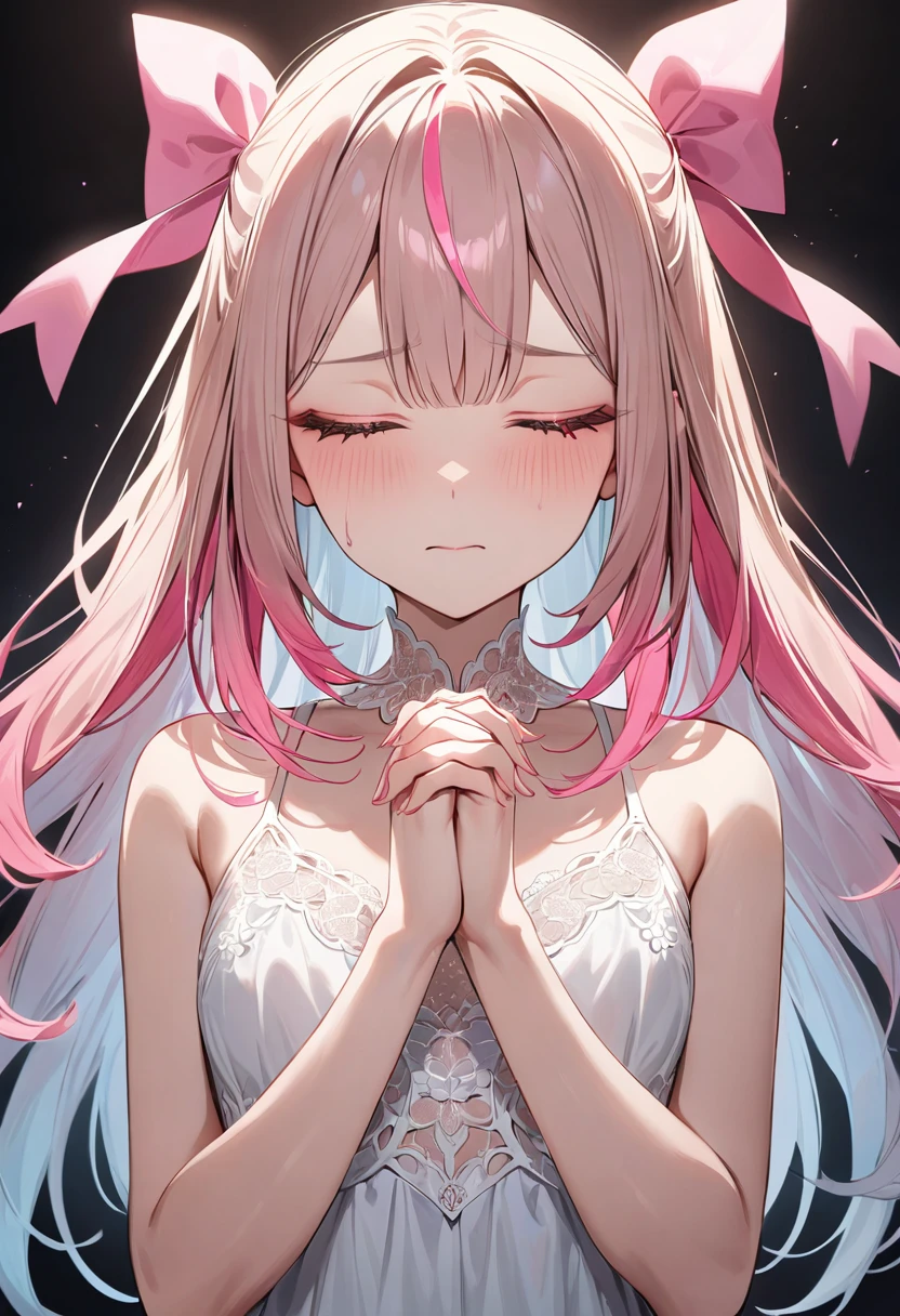 (masterpiece, top quality, very aesthetic, 4k、illustration), intricate detail, 1woman,solo,contrapposto 、Strong glowing eyes、,(upper body)、、(),beautiful face、closed eyes、sorrow、straight hair、(fluorescence pink gradient hair)、own hands clasped、multicolored hair,hair ribbon,middle hair,sidelock ,レッド eyes、white lace camisole Dresses、small breasts、Slim 、white background
