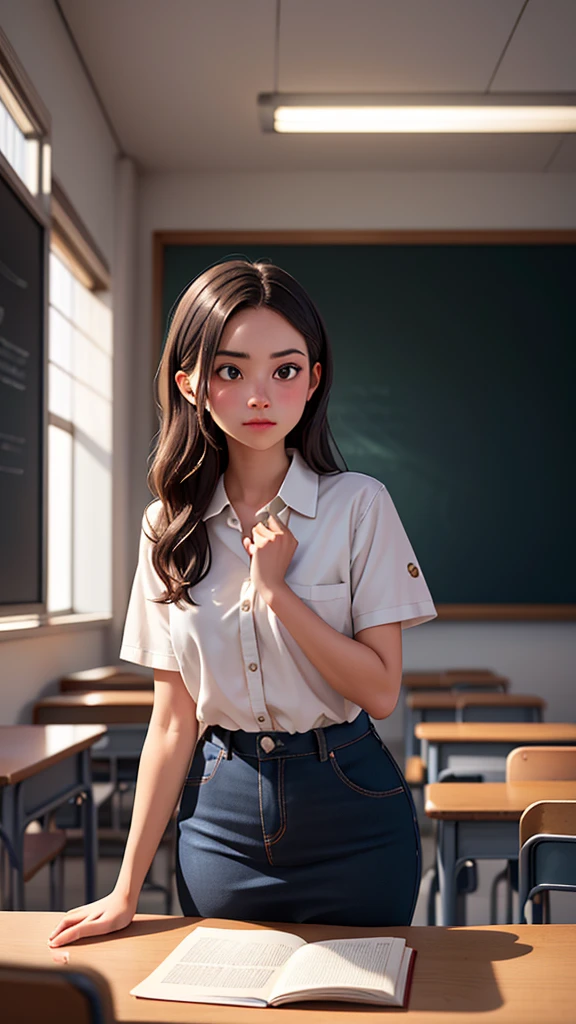 Generate a cinematic and sharply focused photograph a visually captivating and culturally rich image." A classroom setting with a 22-year-old female teacher, standing in front of a blackboard.,The students, , are sitting at their desks

