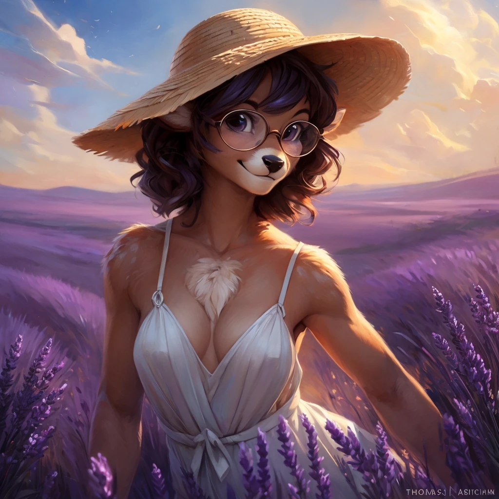 uploaded on e621, artstation, by Pixelsketcher, by Bayard Wu, by Thomas Benjamin Kennington , by Einshelm, by hioshiru and kenket, Chunie, portrait, solo anthro female deer doe, with small featureless breasts, clear dark blue, cinematic lighting, day, sunny day, lavender field, stays in a lavender field, lavender field background, mediterranean background, horizon background, shiny, short curly dark brown hair, wears big black nerd glasses, very very beautiful furry art, furry art, smiling, joyful, shiny, happy, feminine, cute face, muzzle, fluffy chest, flawless face, Fallow deer, 1girl, Sakimichan is beautiful, Masterpiece, Wavethesallow Face, shiny, Detailed image, portrait, Detailed image, portrait, full body, wearing pure white and wide spaghetti straps dress, wearing big and wide beige summer straw hat, shiny, realistic face, perfect anatomy, hourglass body, (furry body:1.1), anthropomorphic deer, looks at the viewer, small fluffy tail, detailed background, (cute anatomy:1.1), walks in a lavender field
