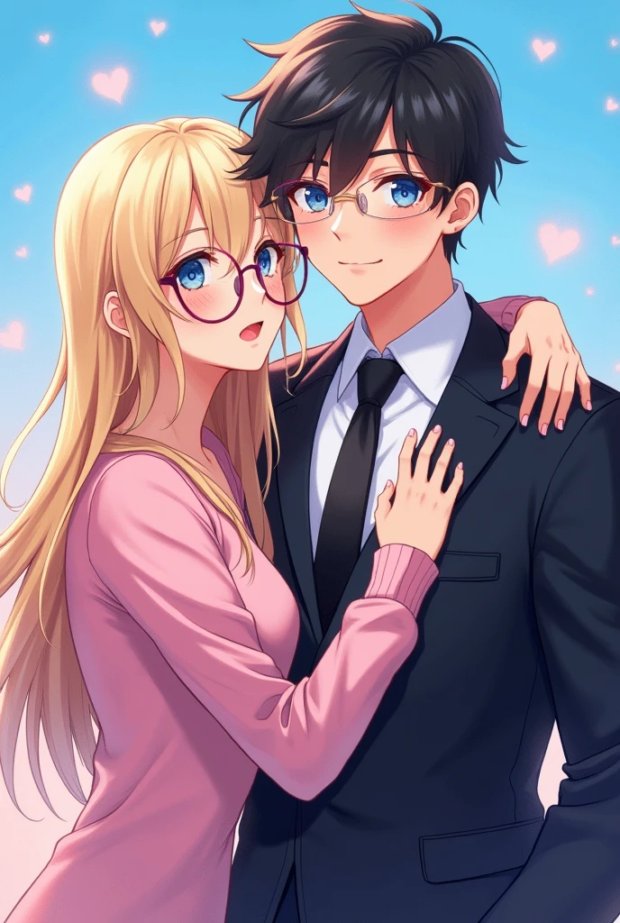 With anime style illustrations、A young man and woman couple appears。The man has blue eyes、Wearing a black suit jacket。The woman is blonde and wears glasses.、She&#39;s wearing soft pink clothes。The two of them pose intimately、The background has vibrant blue and pink tones that evoke a romantic atmosphere.。A woman grabs a man&#39;s jacket、It emphasizes the intimacy between the two。They&#39;re both in the same position、sit side by side。