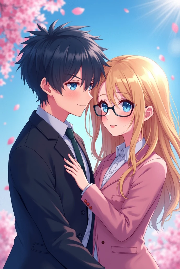 With anime style illustrations、A young man and woman couple appears。The man has blue eyes、Wearing a black suit jacket。The woman is blonde and wears glasses.、She&#39;s wearing soft pink clothes。The two of them pose intimately、The background has vibrant blue and pink tones that evoke a romantic atmosphere.。A woman grabs a man&#39;s jacket、It emphasizes the intimacy between the two。They&#39;re both in the same position、sit side by side。