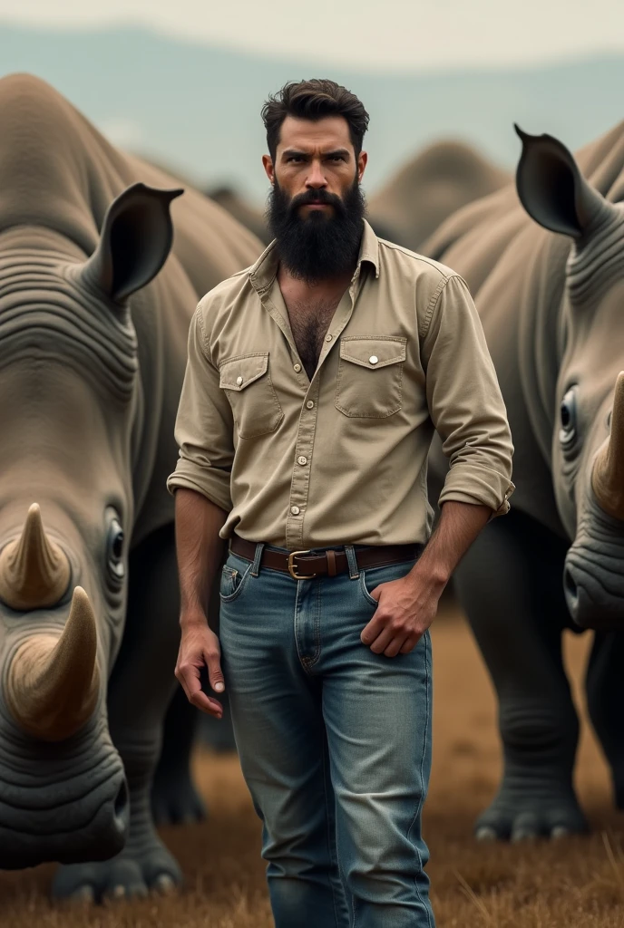 Beard man in shirt and jeans bulls with
Rihno group
