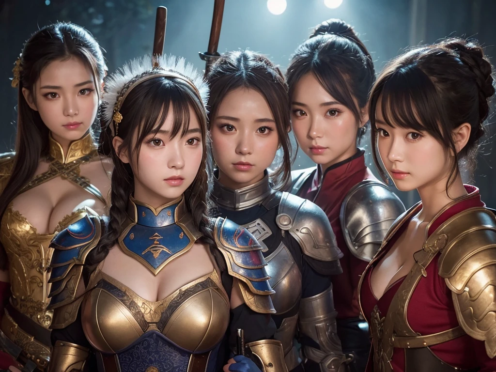 Idol of a beautiful young Japan, Large Breasts,sword,ax,Sticks,arms,Group of five young women in leotard armor, Very detailed, Realistic, photoRealistic, 8k, Highest quality, masterpiece, Detailed face, Beautiful Eyes, Sharp focus, Vibrant colors, Cinema Lighting