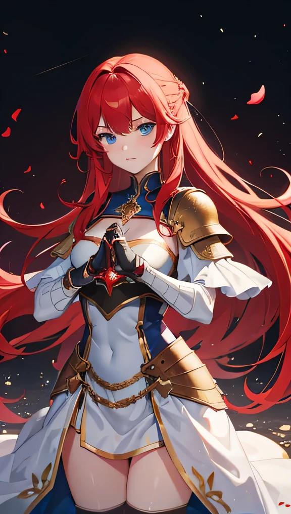 4K,high resolution,A woman,Bright red hair,Langheier,blue eyes,knight,White Holy Armor,jewel embellishment,Great Sword,Medieval town , serious , hands down , looking at the protagonist , Clothes that match red ,Show your thighs