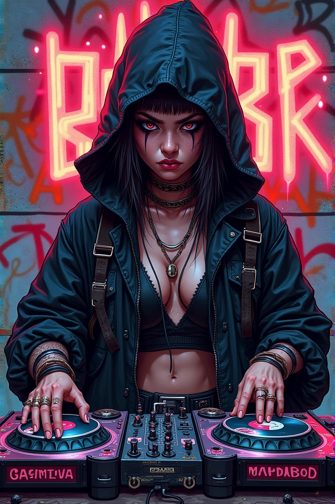 I'm a gabber dj, DJs generally have a unique character that identifies them., Make me one that is original and reflects the love for hardcore music that has an underground and graffiti style and is a little bit evil and dark.