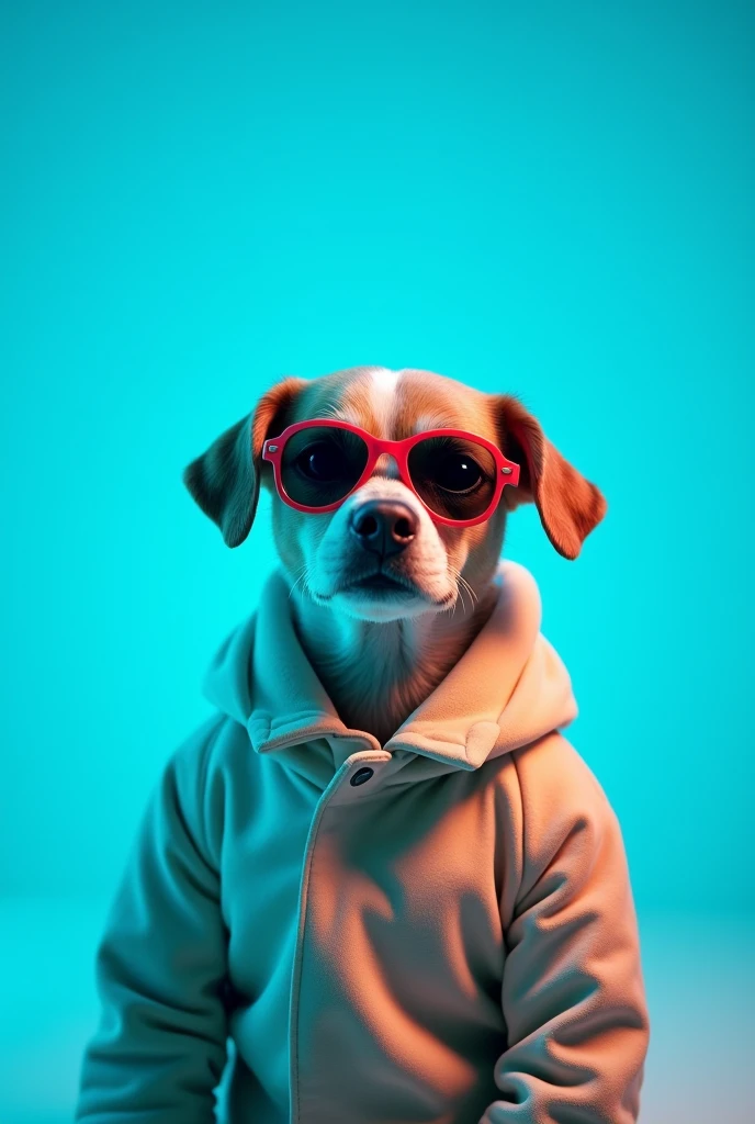 The best cell phone wallpaper, Award-Winning Wallpaper, portrait photography, In the front view is a portrait of a cute dog wearing mid-1960s space age fashion, Side view photo, Shot with Canon EOS R5, Set a strong contrast that accentuates the subject, Fluorescent blue tone, Wearing a very modern coat and sunglasses is a modern 1960s style, Clothes all in one color, beautiful background