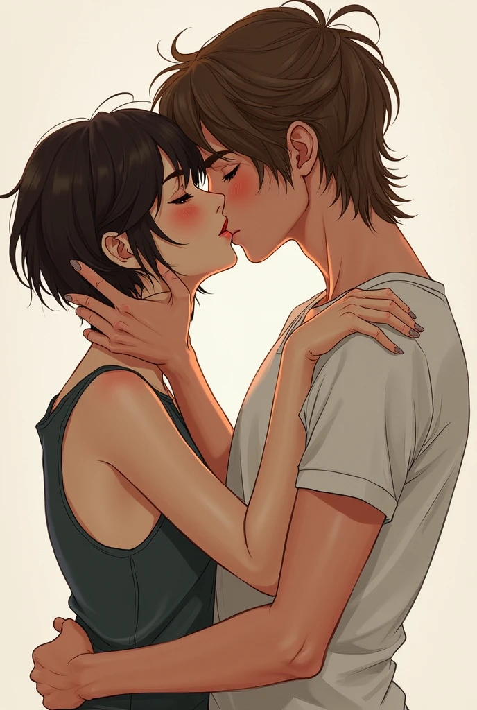 a girl with really short, dark brown hair. which is not longer than the beginning of her neck. she has a rebellious vibe. she’s kissing with a sweet boy, who has brown and very long straight hair. they are in love. she’s touching him. make it look very intimate and like a realistic drawing. they are adults.