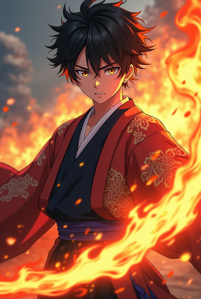 Generate an image of a character based on the anime kimetsu no yaiba and that has its style, let it be a man, that he is a hunter, a young character,that has the lion's breath and a little fire and that has a haori.