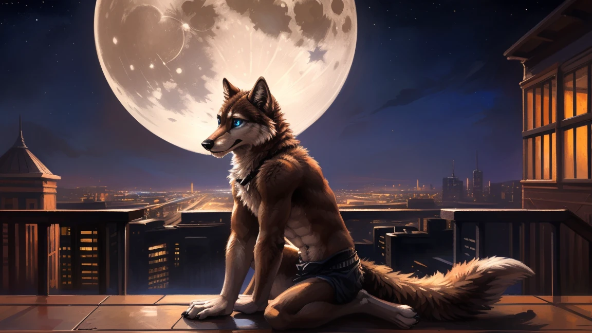((Solo)), male people, anthro wolf, (Multi-colored fur, White-brown:1.3), ((Wolf face, Big eyes, White eyelids, Blue pupil, Slim:1.2) (Tough, Calm expression:1.2)), (Height 2.1 meters,Tail length 1.5m), Abs, Slim, pinging, (Correct anatomy), (Contour bone:1.2), The upper body is naked, (detailed outfits), a long large tail,Feet,(Realistic fur, Detailed fur texture, labeled:1.3)), (Natural lighting), Photorealistic, Hyperrealistic, ultradetailed, by Kenket,In the modern city,Roof,the night,Sit alone,Look at the full moon,It was dark,Starry