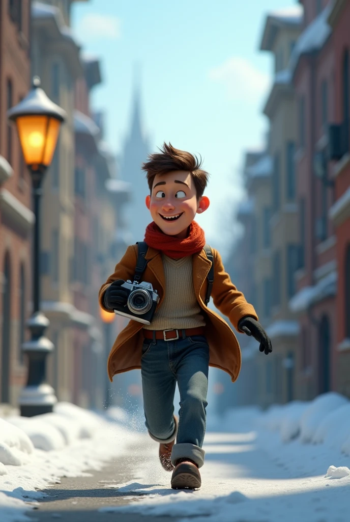 A want a journalist with a vintage camera on his hand running in a snow old city. The man is in the med of 30s. The time of the character is in the 1900s. The character is animation 3d Pixar and Disney style. Movie poster, running from something with face expression. Only in pixar style.