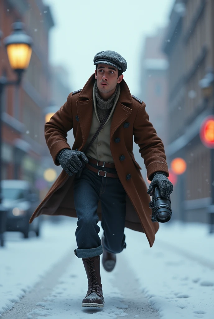 A want a journalist with a vintage camera on his hand running in a snow old city. The man is in the med of 30s. The time of the character is in the 1900s. The character is animation 3d Pixar and Disney style. Movie poster, running from something with face expression. Only in pixar style.