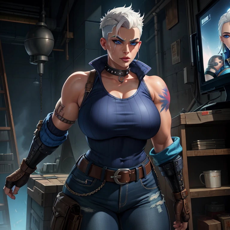 Tyreen, big fat body, white hair,blue eyes,two-tone hair,blue tattoo,scar on face,undercut,eyeshadow,eyebrow cut,makeup,upper body,standing,smug,
fingerless gloves,sleeveless,belt,spikes,boots,pants,collar,shirt,brown attire,
cyberpunk,tv show,
(insanely detailed, beautiful detailed face, masterpiece, best quality),