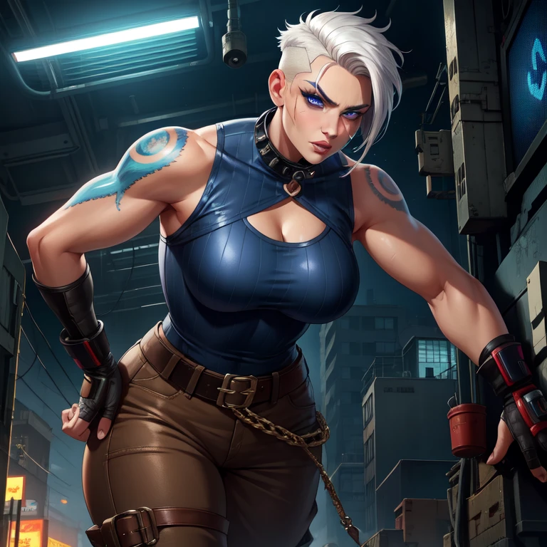 Tyreen, big fat body, white hair,blue eyes,two-tone hair,blue tattoo,scar on face,undercut,eyeshadow,eyebrow cut,makeup,upper body,standing,smug,
fingerless gloves,sleeveless,belt,spikes,boots,pants,collar,shirt,brown attire,
cyberpunk,tv show,
(insanely detailed, beautiful detailed face, masterpiece, best quality),