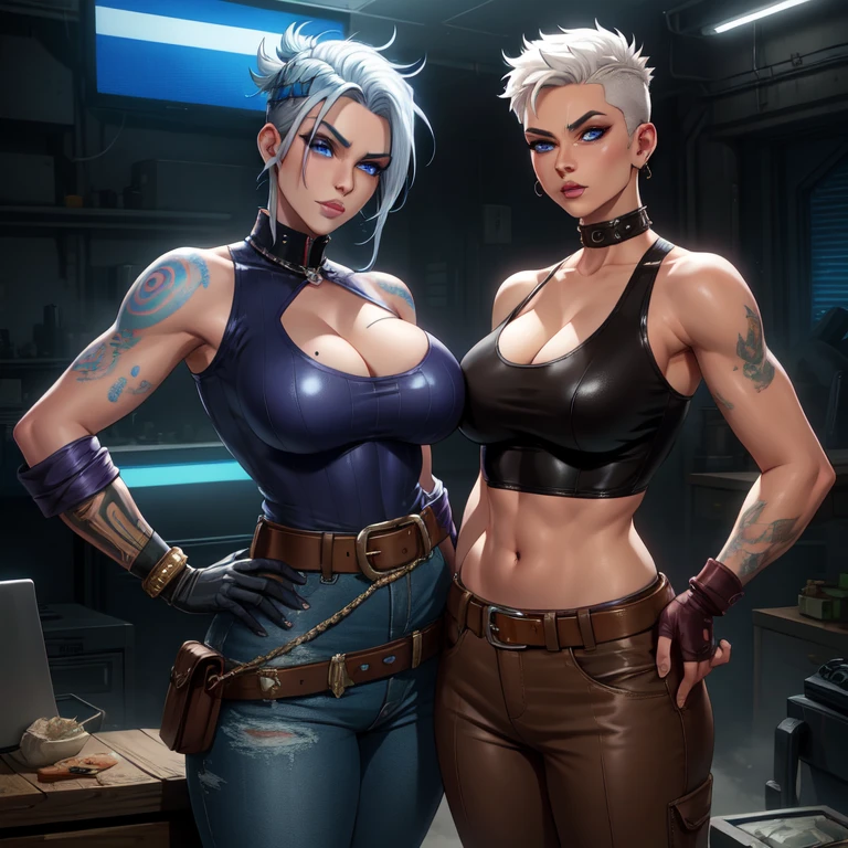 Tyreen, big fat body, white hair,blue eyes,two-tone hair,blue tattoo,scar on face,undercut,eyeshadow,eyebrow cut,makeup,upper body,standing,smug,
fingerless gloves,sleeveless,belt,spikes,boots,pants,collar,shirt,brown attire,
cyberpunk,tv show,
(insanely detailed, beautiful detailed face, masterpiece, best quality),