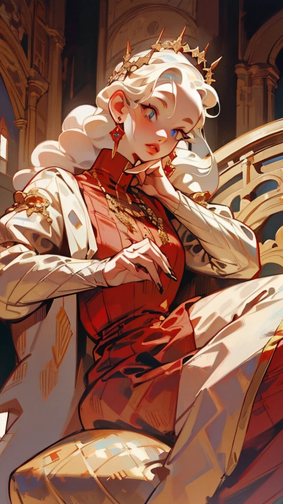 Beautiful albino woman with detailed braided medieval hairstyle (updo) (white hair) sitting on the throne,wearing detailed medieval gown (red and black colours), with gold accessories and gold tiara, medieval queen, medieval woman,queen,game of thrones style,daenerys targaryen style, high quality, very detailed,hd quality, masterpiece