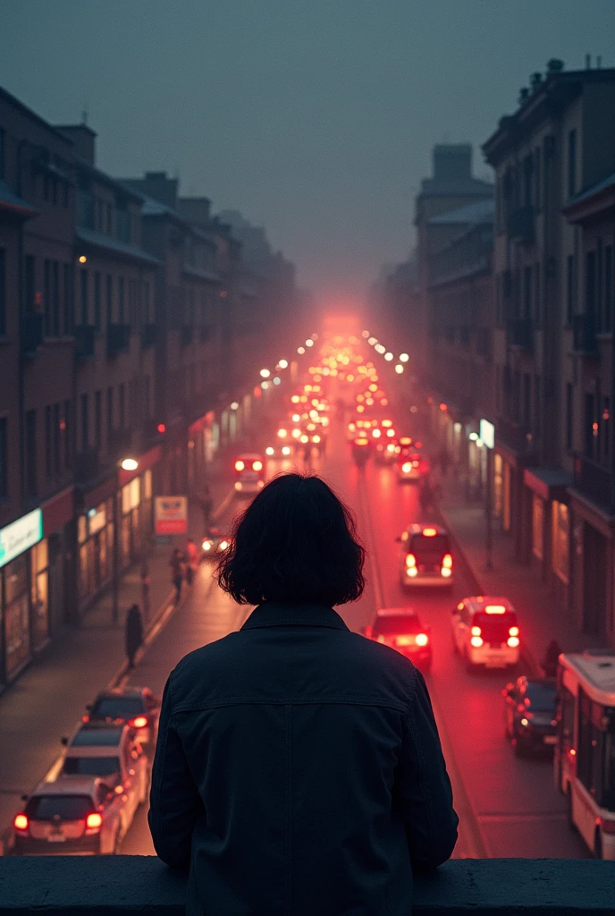 A person overlooking a street with people on it from the top of a building. No faces. Starry, smoky, and powdered (all minimal) theme with a little touch of red.