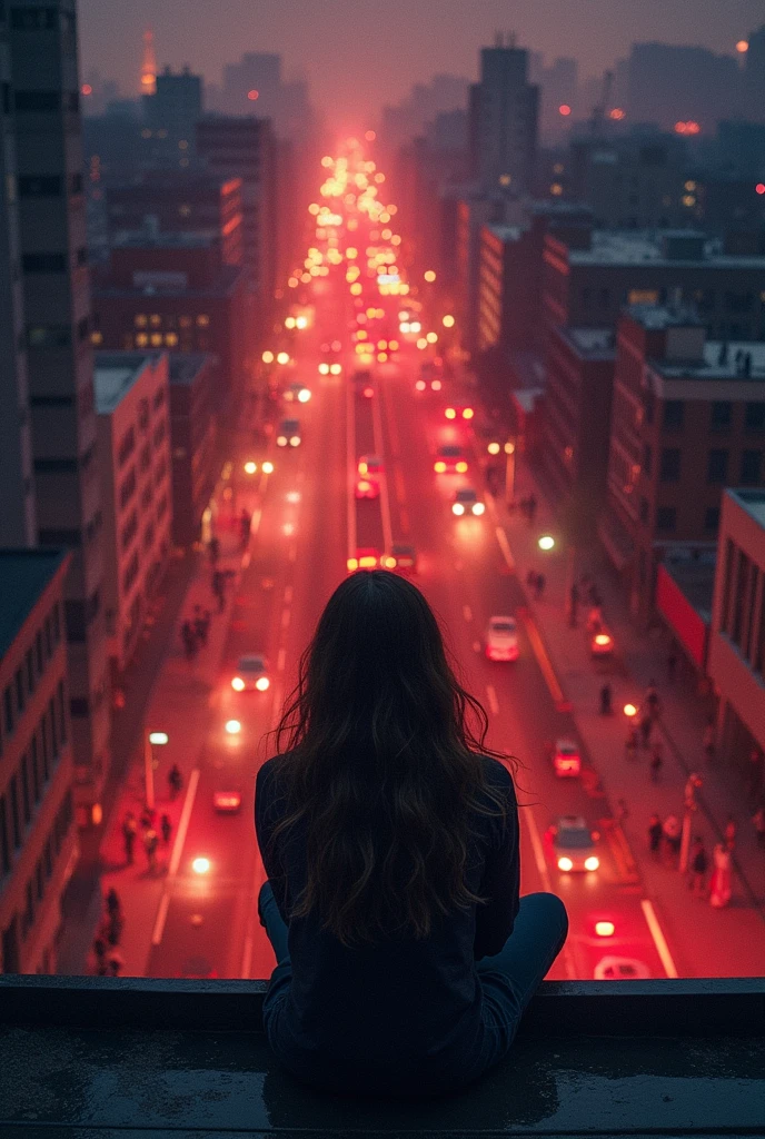 A person overlooking a street with people on it from the top of a building. No faces. Starry, smoky, and powdered (all minimal) theme with a little touch of red.