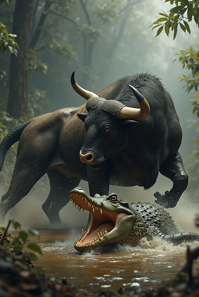 {
  "size": "1024x1024",
  "prompt": "A dramatic scene of a fierce battle between a bull and a crocodile, with the crocodile emerging victorious. The crocodile is shown in a powerful stance, its jaws wide open and clamped down on the bull's neck. The bull, strong and muscular, appears exhausted and defeated, with its legs buckling under it. The environment is a muddy, swampy terrain with water splashing around, emphasizing the intensity of the struggle. The background is a mix of dense foliage and dark clouds, adding to the tense atmosphere."
}
