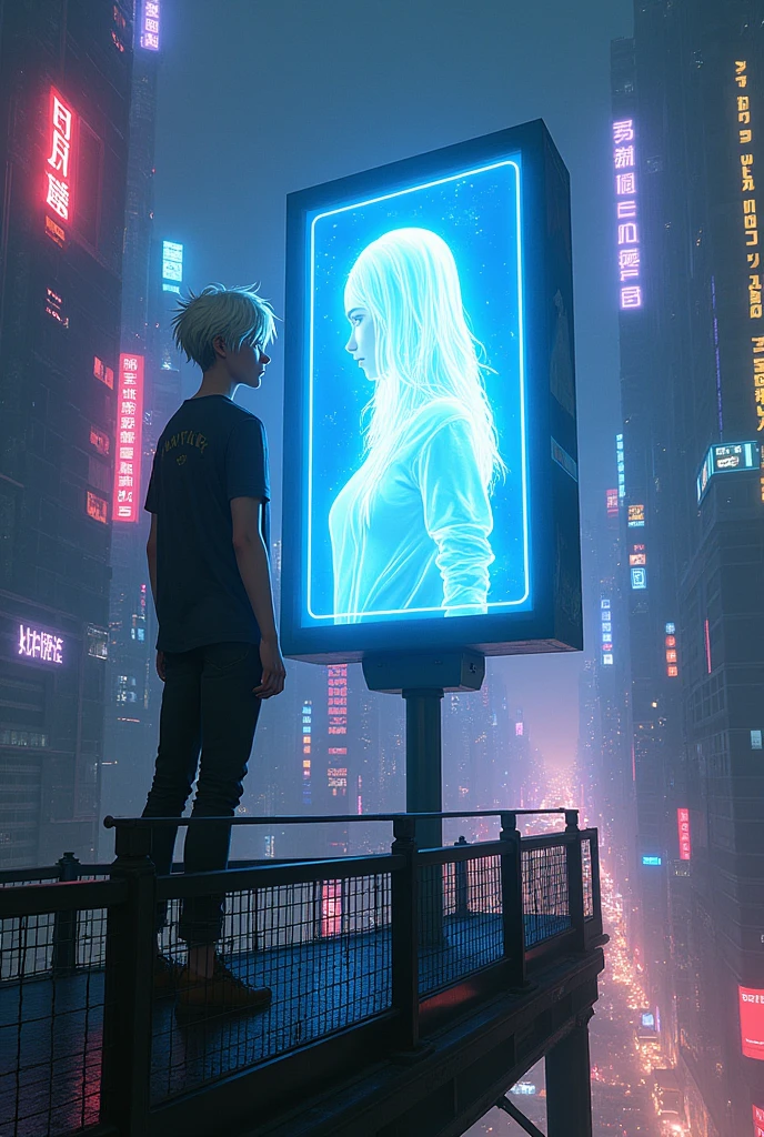 Create a book cover with anime style, a futuristic night city and a white haired male teenager standing forwards on a metal bridge looking at a blonde teenager girl inside a far away 3d hologram bright sign looking at him. Just as the bladerunner movie