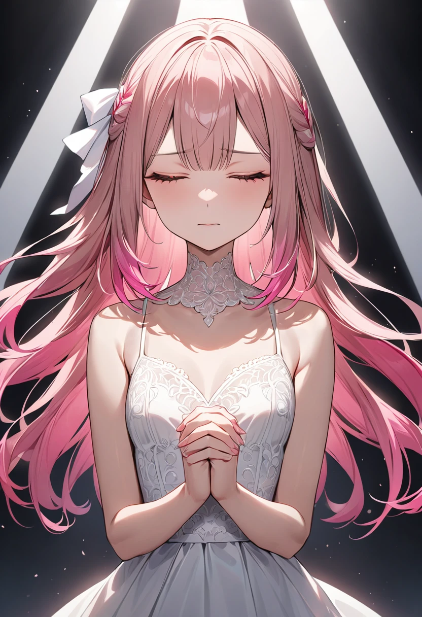 (masterpiece, top quality, very aesthetic, 4k、illustration), intricate detail, 1woman,solo,contrapposto 、Strong glowing eyes、,(upper body)、、(),beautiful face、closed eyes、sorrow、straight hair、(fluorescence pink gradient hair)、own hands clasped、multicolored hair,hair ribbon,middle hair,sidelock ,レッド　eyes、white lace camisole Dresses、small breasts、Slim 、white background