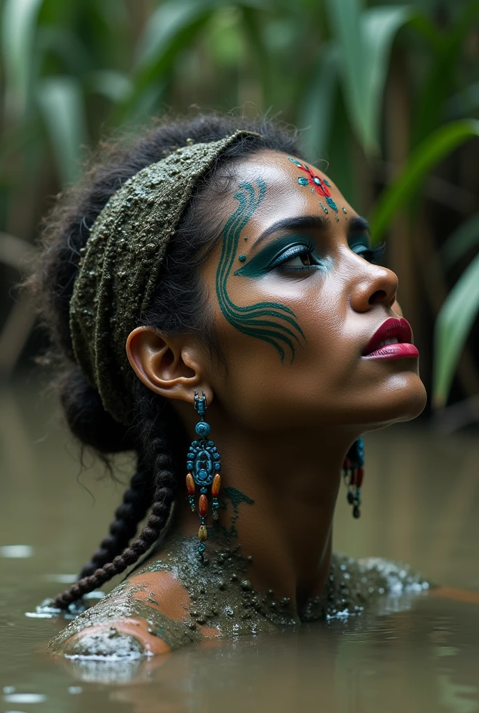 extremely detailed woman head in mud bog,is victim of ritual, mud bog, drowned below mud bog, fashion photoshoot posing,gloomy orgasm, sexy posing, provocative photoshoot, loosing control, headdress,traditional indigenous makeup. red, green, blue, side view, from afar