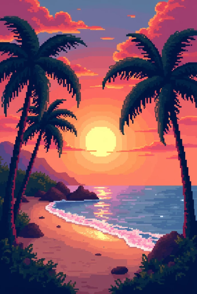 The pixelated beach scene with a vibrant orange and pink sunset, silhouetted palm trees swaying in the breeze is a beautiful and serene sight.